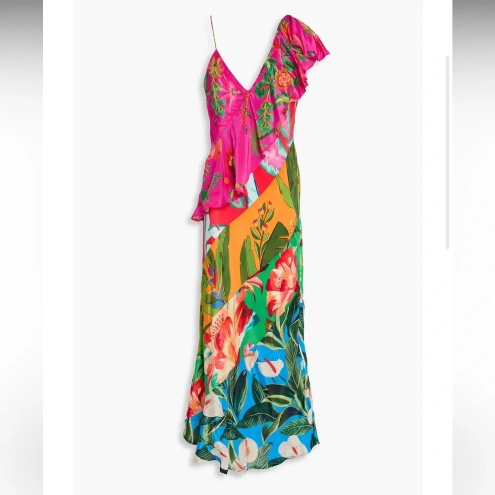 Farm Rio Ruffled Floral Print Satin Crepe De Chine Midi Dress Size Small - Picture 2 of 16